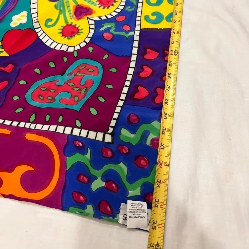 SILKSCAPES Silk Hand Painted Colorful Heart Pattern Scarf 35” X 34”